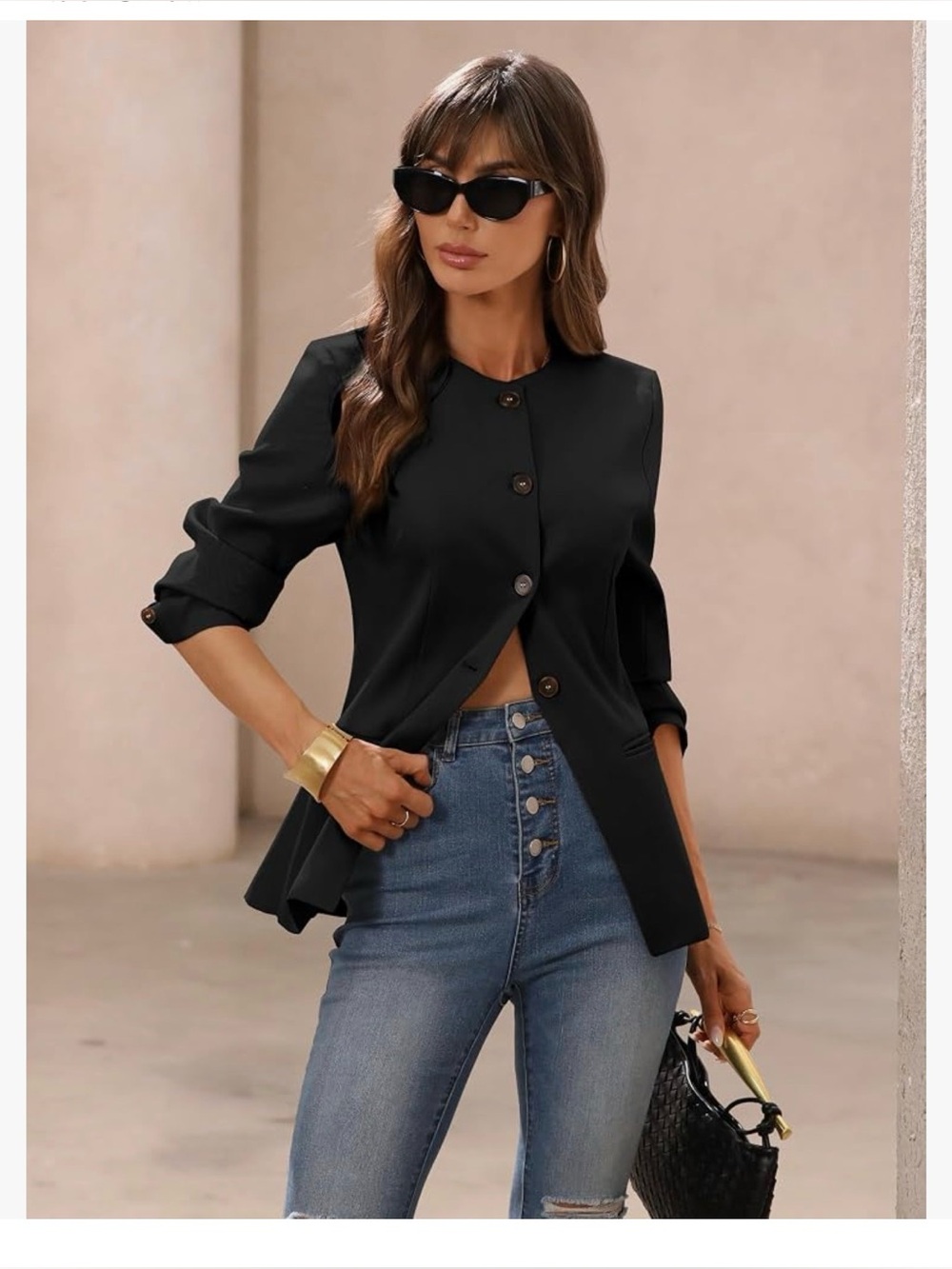 ELLEVEN Round Neck Slim Fit Blazers for Women Business Casual Professional Outfi
